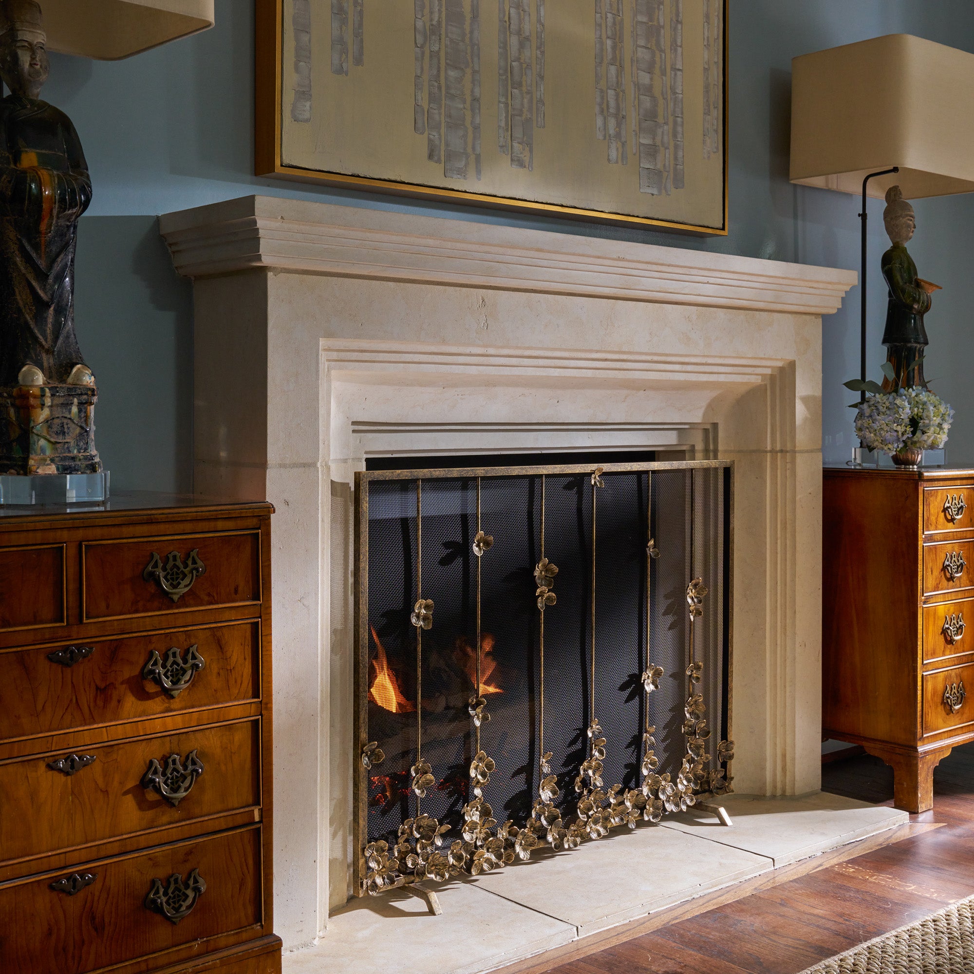 Cascading Blooms Fireplace Screen in Aged Gold