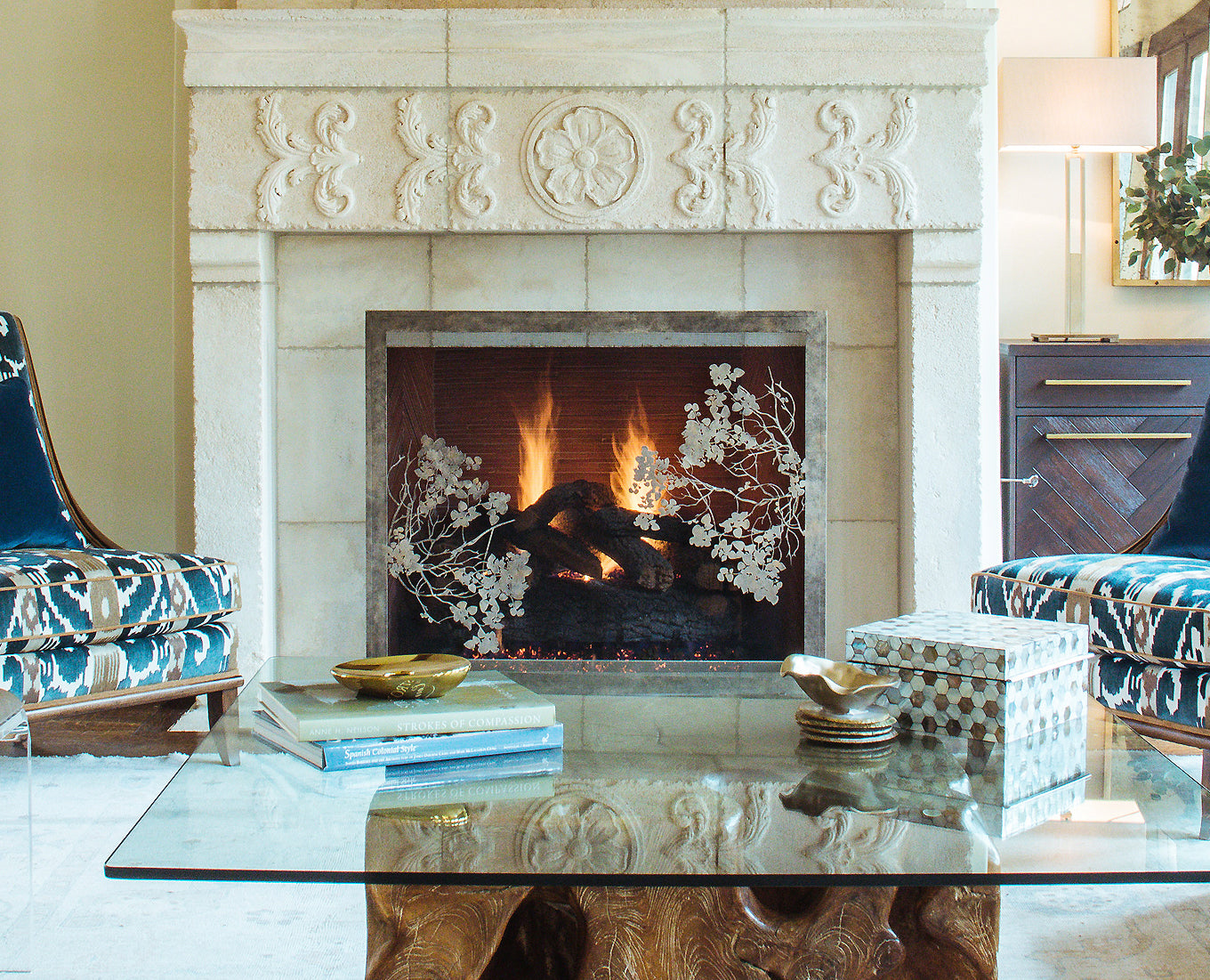 Madalyn Fireplace Screen in living room setting with arm chairs and coffee table